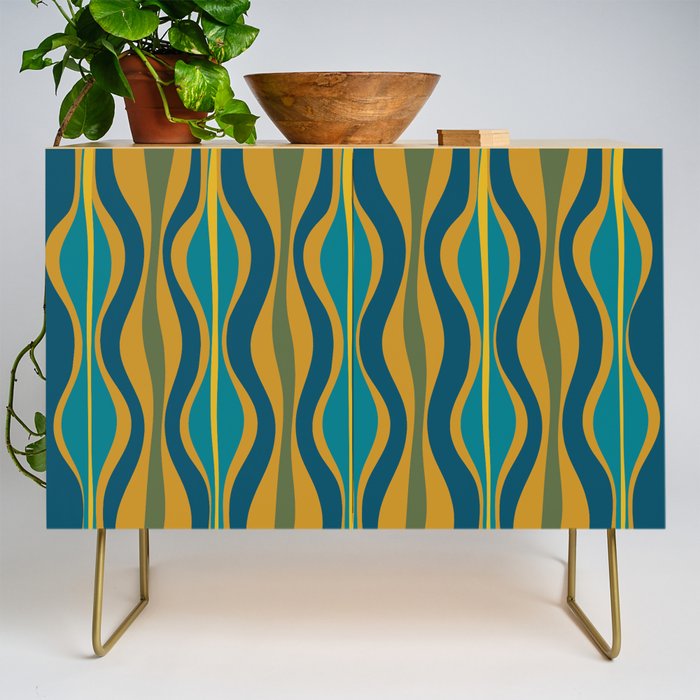 Hourglass Abstract Mid Century Modern Pattern in Moroccan Blue, Green, Teal, and Mustard Credenza Gallery Image 1