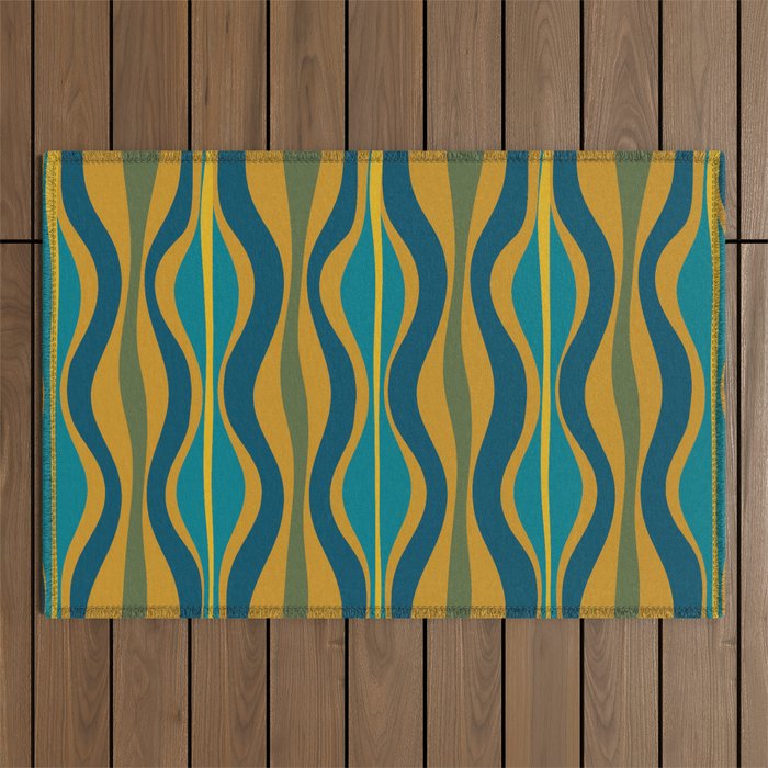 Hourglass Abstract Mid Century Modern Pattern in Moroccan Blue, Green, Teal, and Mustard Outdoor Rug Gallery Image 1