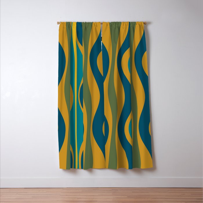 Hourglass Abstract Mid Century Modern Pattern in Moroccan Blue, Green, Teal, and Mustard Window Curtain Gallery Image 3
