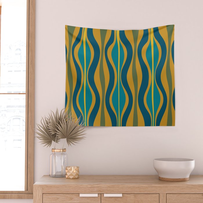 Hourglass Abstract Mid Century Modern Pattern in Moroccan Blue, Green, Teal, and Mustard Wall Tapestry Gallery Image 2