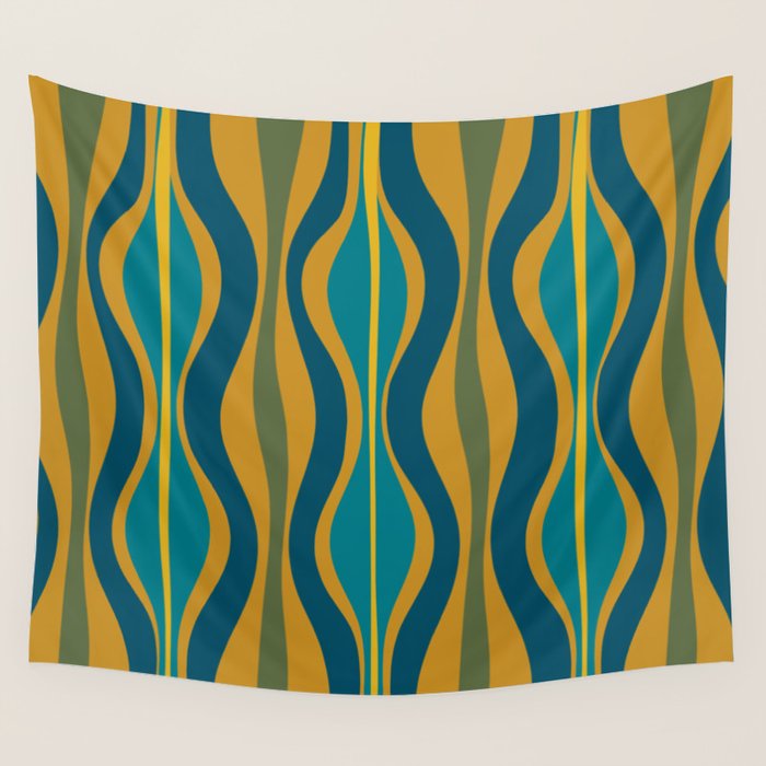 Hourglass Abstract Mid Century Modern Pattern in Moroccan Blue, Green, Teal, and Mustard Wall Tapestry Gallery Image 4