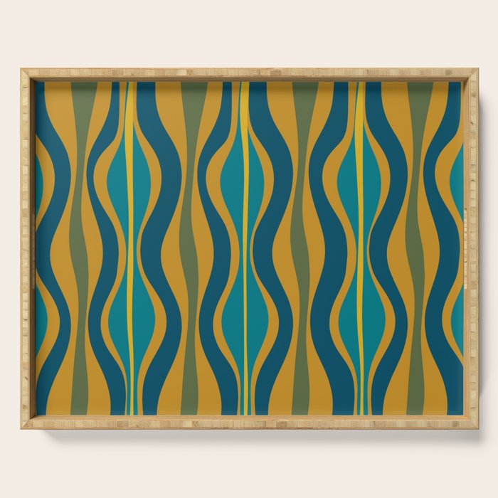 Hourglass Abstract Mid Century Modern Pattern in Moroccan Blue, Green, Teal, and Mustard Serving Tray Gallery Image 1
