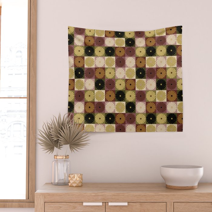 Retro Flowers Check Pattern III Wall Tapestry Gallery Image 2
