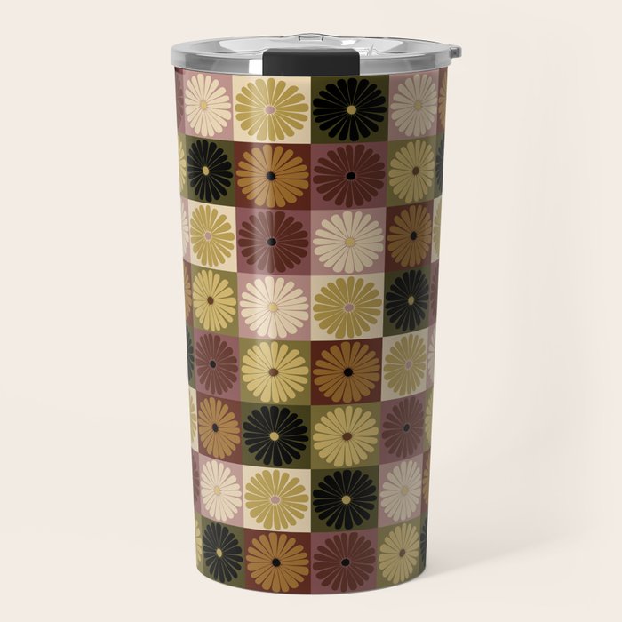 Retro Flowers Check Pattern III Travel Mug Gallery Image 1