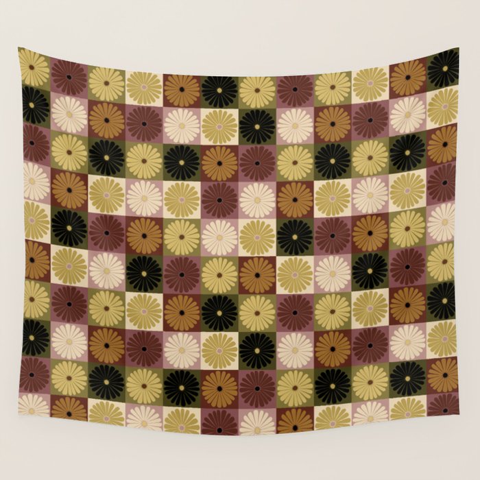 Retro Flowers Check Pattern III Wall Tapestry Gallery Image 4
