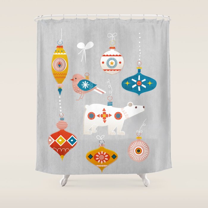 christmas vintage decorations with bear and bird Shower Curtain Gallery Image 1