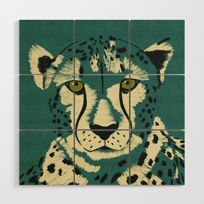 Majestic Cheetah - Bold Wildcat Design with Teal Background Wood Wall Art Gallery Image 1