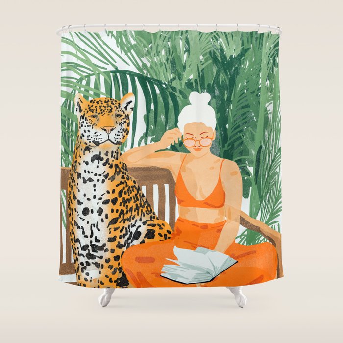 Jungle Vacay | Modern Bohemian Blonde Woman Tropical Travel | Leopard Wildlife Forest Reader Shower Curtain Gallery Image 1