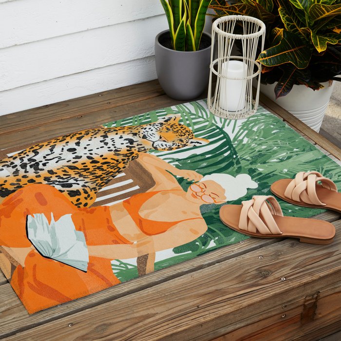 Jungle Vacay | Modern Bohemian Blonde Woman Tropical Travel | Leopard Wildlife Forest Reader Outdoor Rug Gallery Image 2