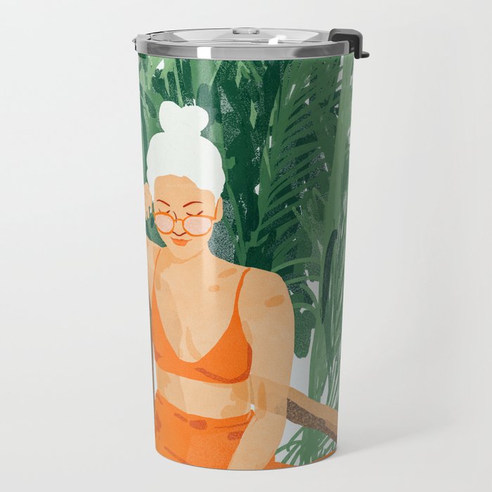 Jungle Vacay | Modern Bohemian Blonde Woman Tropical Travel | Leopard Wildlife Forest Reader Travel Mug Gallery Image 2