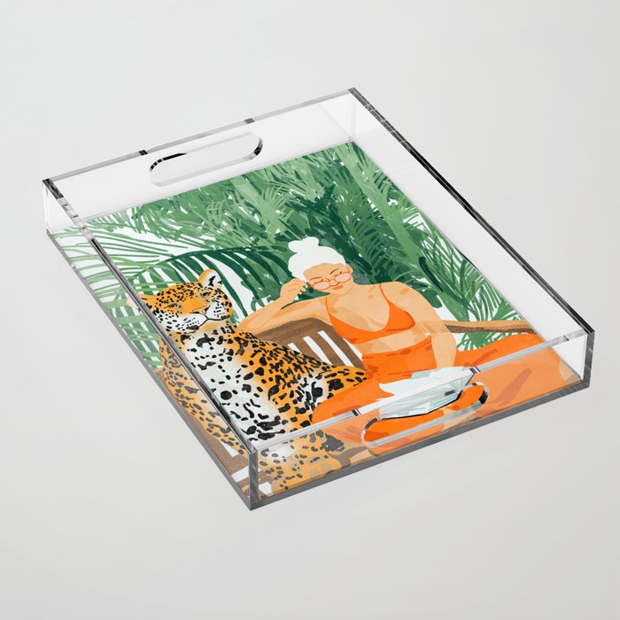 Jungle Vacay | Modern Bohemian Blonde Woman Tropical Travel | Leopard Wildlife Forest Reader Acrylic Tray Gallery Image 1