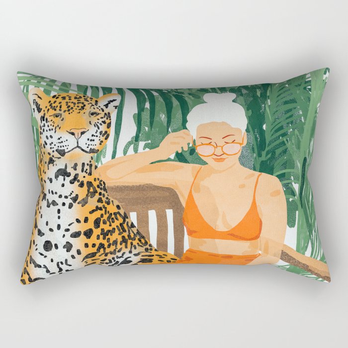 Jungle Vacay | Modern Bohemian Blonde Woman Tropical Travel | Leopard Wildlife Forest Reader Rectangular Pillow Gallery Image 1