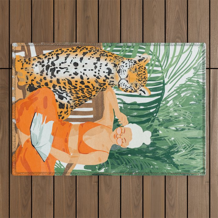 Jungle Vacay | Modern Bohemian Blonde Woman Tropical Travel | Leopard Wildlife Forest Reader Outdoor Rug Gallery Image 1