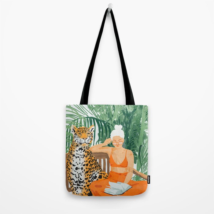 Jungle Vacay | Modern Bohemian Blonde Woman Tropical Travel | Leopard Wildlife Forest Reader Tote Bag Gallery Image 2