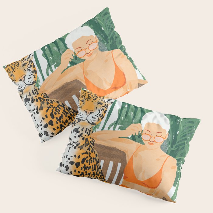 Jungle Vacay | Modern Bohemian Blonde Woman Tropical Travel | Leopard Wildlife Forest Reader Pillow Sham Gallery Image 1