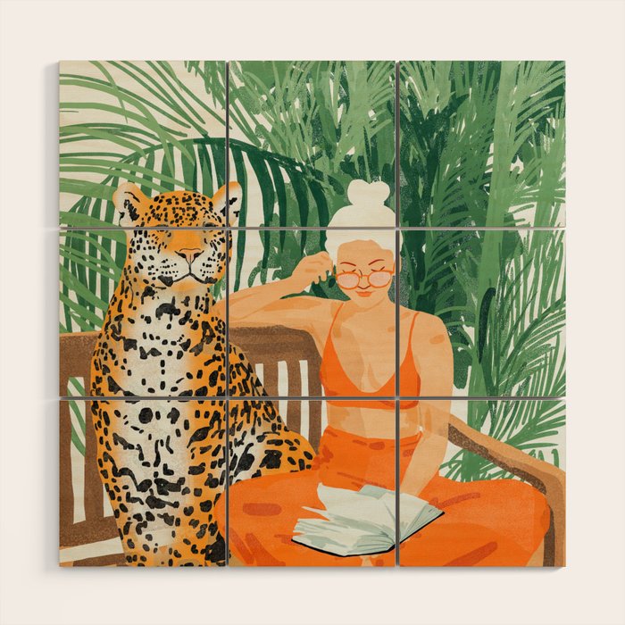 Jungle Vacay | Modern Bohemian Blonde Woman Tropical Travel | Leopard Wildlife Forest Reader Wood Wall Art Gallery Image 1