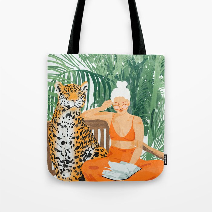 Jungle Vacay | Modern Bohemian Blonde Woman Tropical Travel | Leopard Wildlife Forest Reader Tote Bag Gallery Image 1