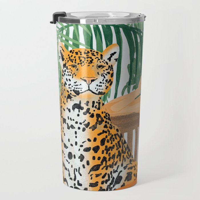 Jungle Vacay | Modern Bohemian Blonde Woman Tropical Travel | Leopard Wildlife Forest Reader Travel Mug Gallery Image 3
