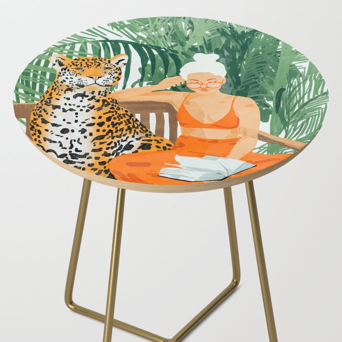 Jungle Vacay | Modern Bohemian Blonde Woman Tropical Travel | Leopard Wildlife Forest Reader Side Table Gallery Image 2