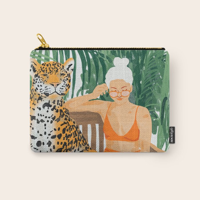 Jungle Vacay | Modern Bohemian Blonde Woman Tropical Travel | Leopard Wildlife Forest Reader Carry All Pouch Gallery Image 1