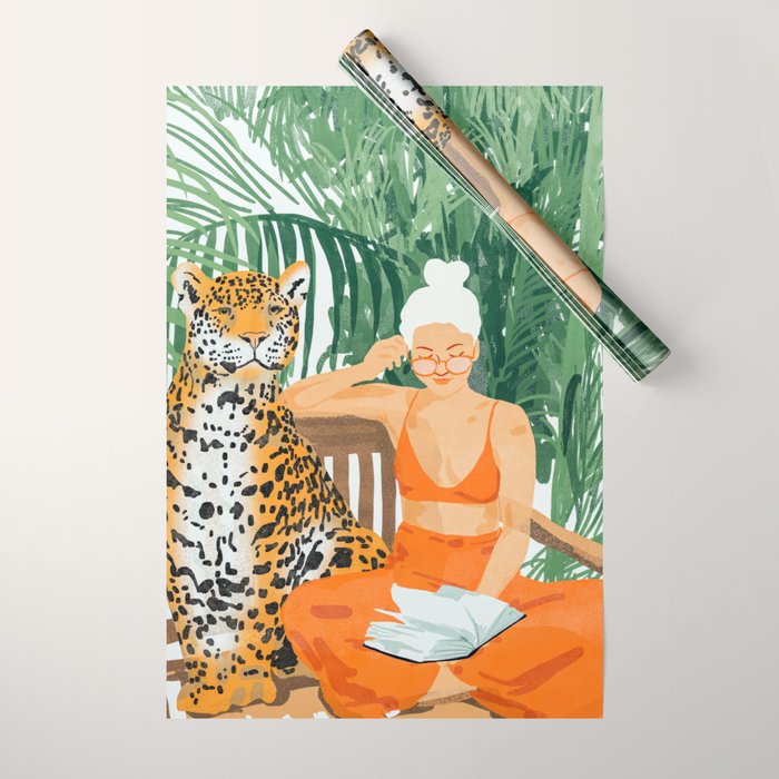 Jungle Vacay | Modern Bohemian Blonde Woman Tropical Travel | Leopard Wildlife Forest Reader Wrapping Paper Gallery Image 1