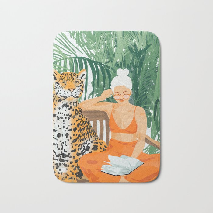 Jungle Vacay | Modern Bohemian Blonde Woman Tropical Travel | Leopard Wildlife Forest Reader Bath Mat Gallery Image 1