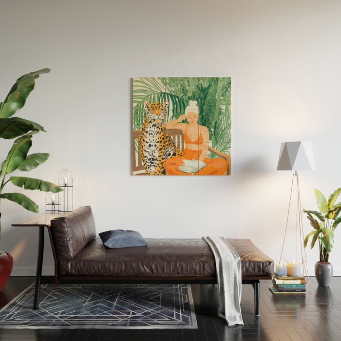 Jungle Vacay | Modern Bohemian Blonde Woman Tropical Travel | Leopard Wildlife Forest Reader Wood Wall Art Gallery Image 2