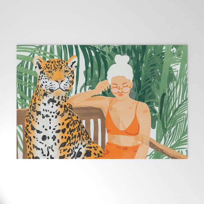 Jungle Vacay | Modern Bohemian Blonde Woman Tropical Travel | Leopard Wildlife Forest Reader Welcome Mat Gallery Image 1