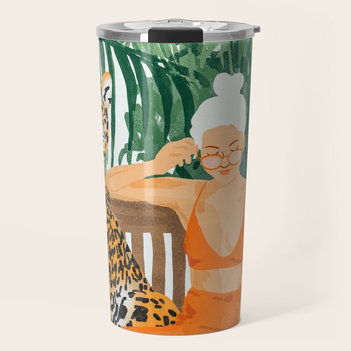 Jungle Vacay | Modern Bohemian Blonde Woman Tropical Travel | Leopard Wildlife Forest Reader Travel Mug Gallery Image 1
