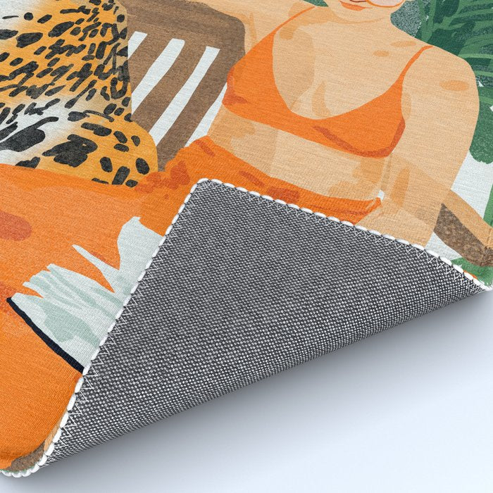 Jungle Vacay | Modern Bohemian Blonde Woman Tropical Travel | Leopard Wildlife Forest Reader Rug Gallery Image 4