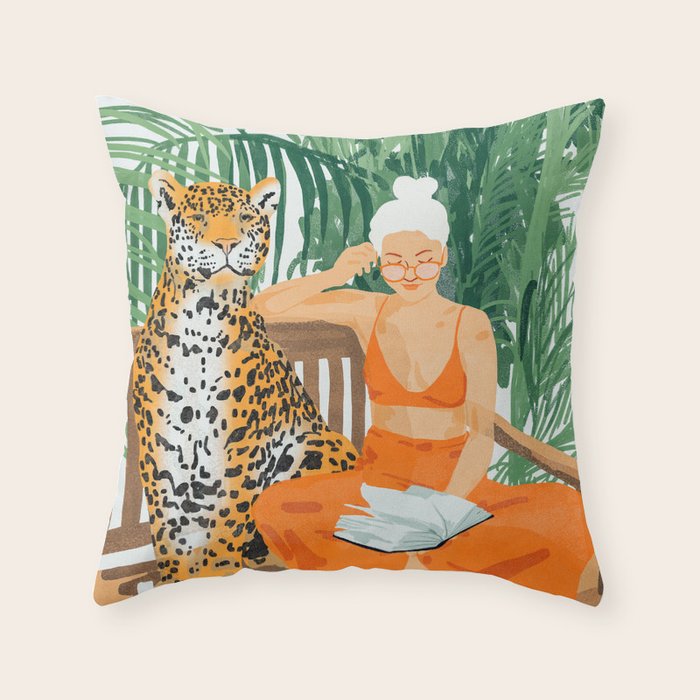 Jungle Vacay | Modern Bohemian Blonde Woman Tropical Travel | Leopard Wildlife Forest Reader Throw Pillow Gallery Image 6