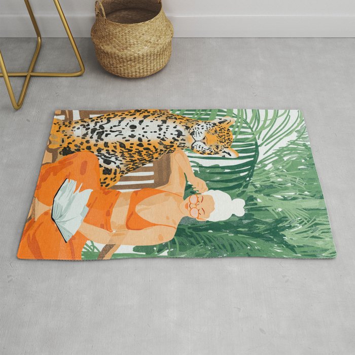 Jungle Vacay | Modern Bohemian Blonde Woman Tropical Travel | Leopard Wildlife Forest Reader Rug Gallery Image 1