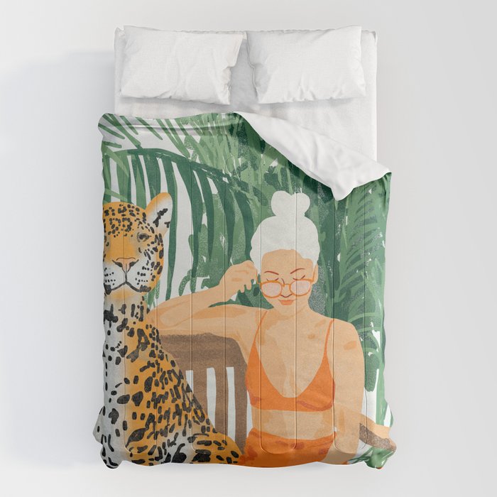 Jungle Vacay | Modern Bohemian Blonde Woman Tropical Travel | Leopard Wildlife Forest Reader Comforter Gallery Image 6