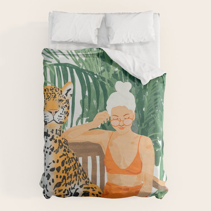 Jungle Vacay | Modern Bohemian Blonde Woman Tropical Travel | Leopard Wildlife Forest Reader Duvet Cover Gallery Image 6