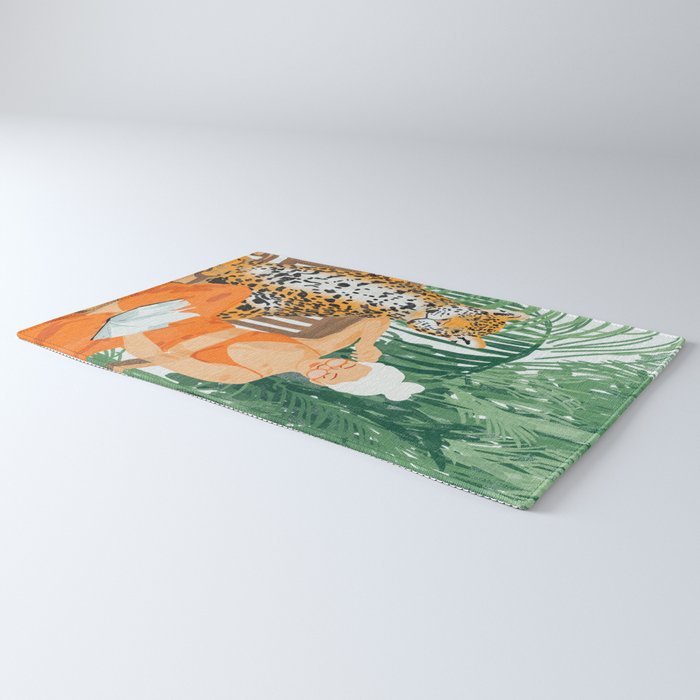 Jungle Vacay | Modern Bohemian Blonde Woman Tropical Travel | Leopard Wildlife Forest Reader Rug Gallery Image 3