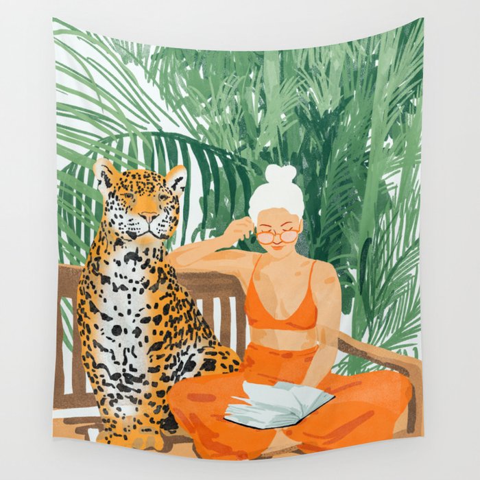 Jungle Vacay | Modern Bohemian Blonde Woman Tropical Travel | Leopard Wildlife Forest Reader Wall Tapestry Gallery Image 4