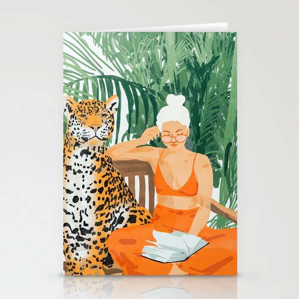 Jungle Vacay | Modern Bohemian Blonde Woman Tropical Travel | Leopard Wildlife Forest Reader Stationery Card Gallery Image 2