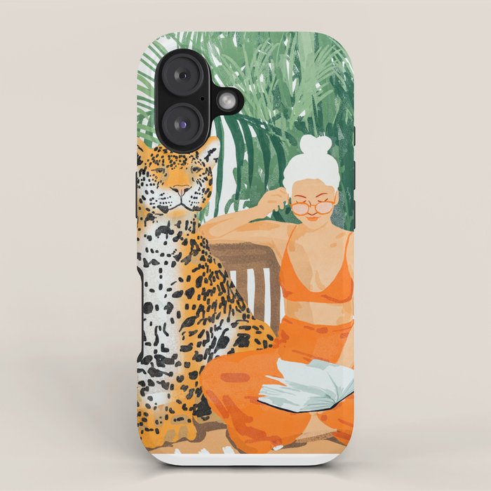 Jungle Vacay | Modern Bohemian Blonde Woman Tropical Travel | Leopard Wildlife Forest Reader iPhone Case Gallery Image 1