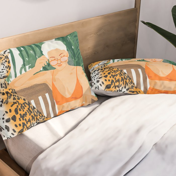 Jungle Vacay | Modern Bohemian Blonde Woman Tropical Travel | Leopard Wildlife Forest Reader Pillow Sham Gallery Image 2