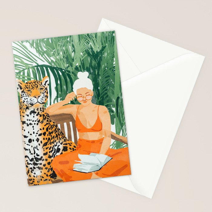 Jungle Vacay | Modern Bohemian Blonde Woman Tropical Travel | Leopard Wildlife Forest Reader Stationery Card Gallery Image 2