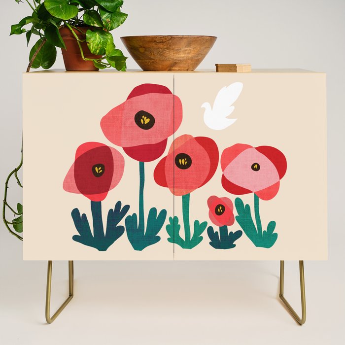 Poppy flowers and bird Credenza Gallery Image 1