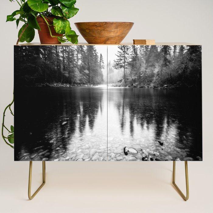 Forest Reflection Lake - Black and White  - Nature Photography Credenza Gallery Image 1