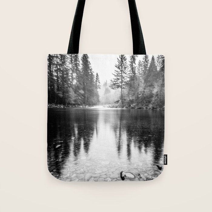Forest Reflection Lake - Black and White  - Nature Photography Tote Bag Gallery Image 1