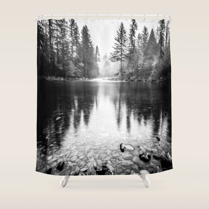 Forest Reflection Lake - Black and White  - Nature Photography Shower Curtain Gallery Image 1