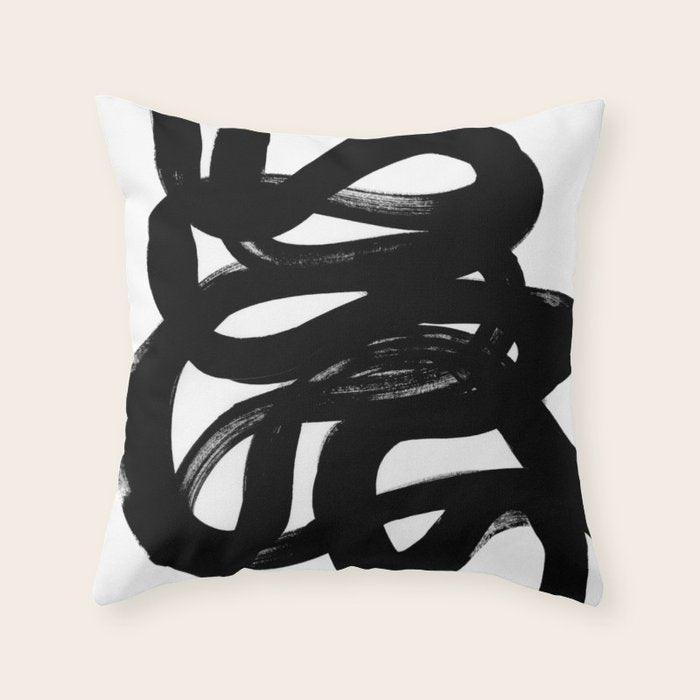 Swirl Black & White Minimalist Abstract Mid century Ink Art Dark Brush Strokes Throw Pillow Gallery Image 1