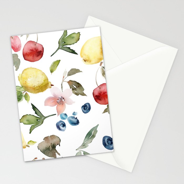 Lemon Berries and Cherries Watercolor Pattern Stationery Card Gallery Image 2