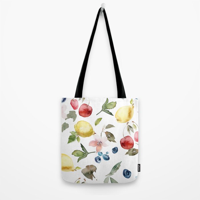 Lemon Berries and Cherries Watercolor Pattern Tote Bag Gallery Image 2