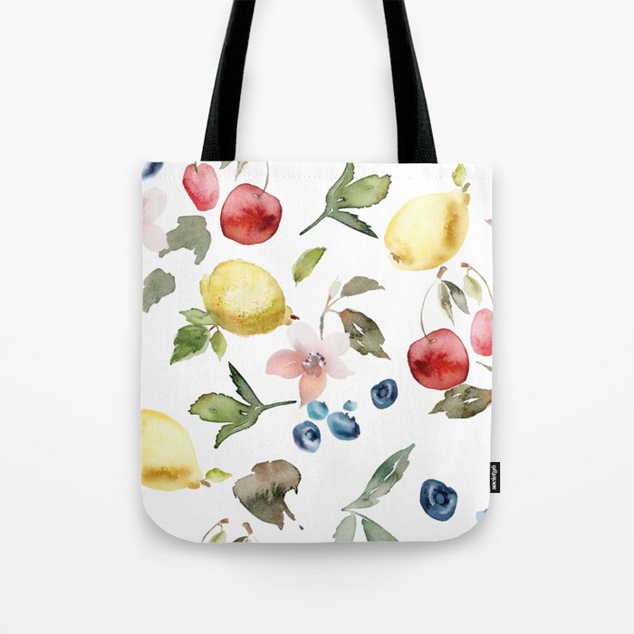 Lemon Berries and Cherries Watercolor Pattern Tote Bag Gallery Image 1