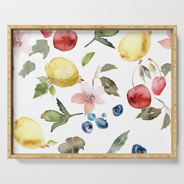 Lemon Berries and Cherries Watercolor Pattern Serving Tray Gallery Image 1