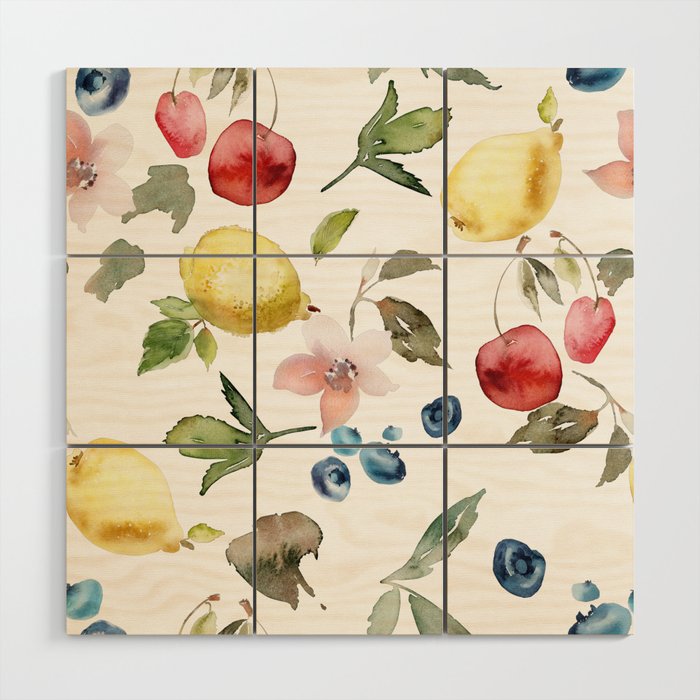 Lemon Berries and Cherries Watercolor Pattern Wood Wall Art Gallery Image 1
